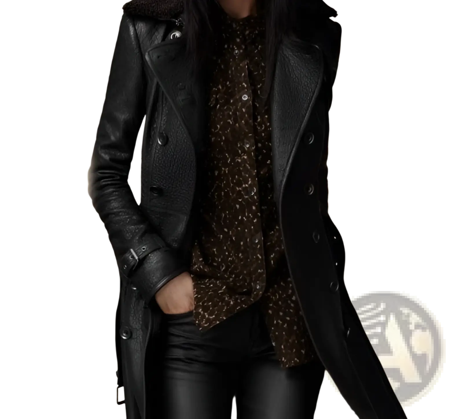 Black faux leather double breasted trench coat with belt featuring fur lined collar and button closure