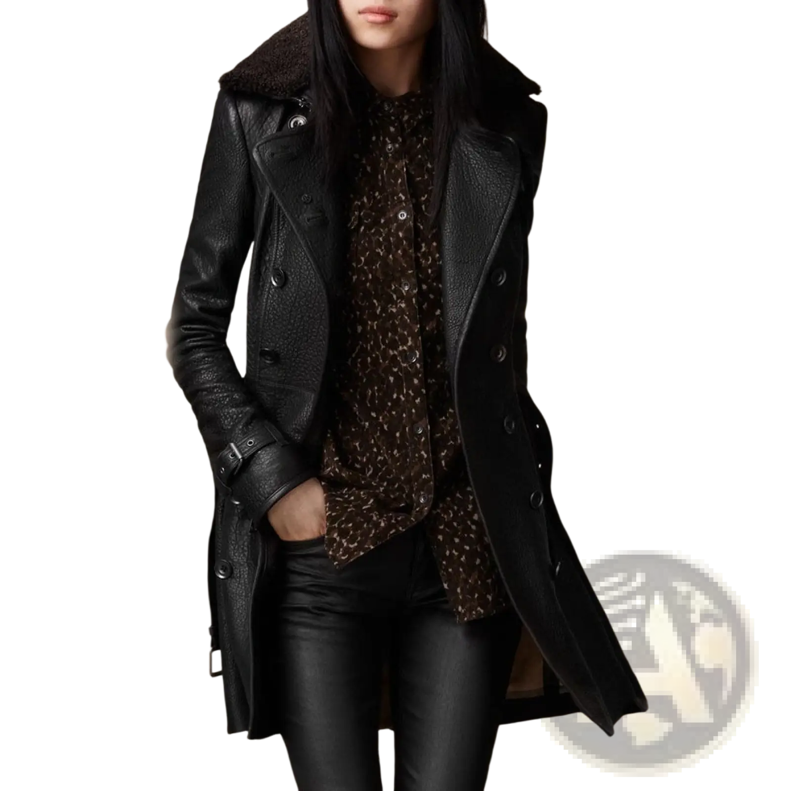 Black faux leather double breasted trench coat with belt and plush shearling collar for stylish outerwear
