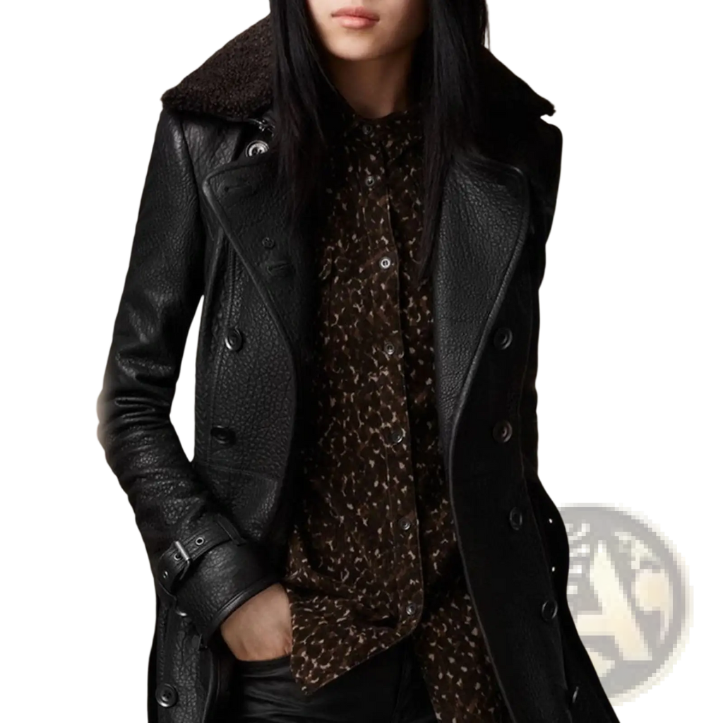 Black faux leather double breasted trench coat with belt featuring a plush brown shearling collar visible from the front
