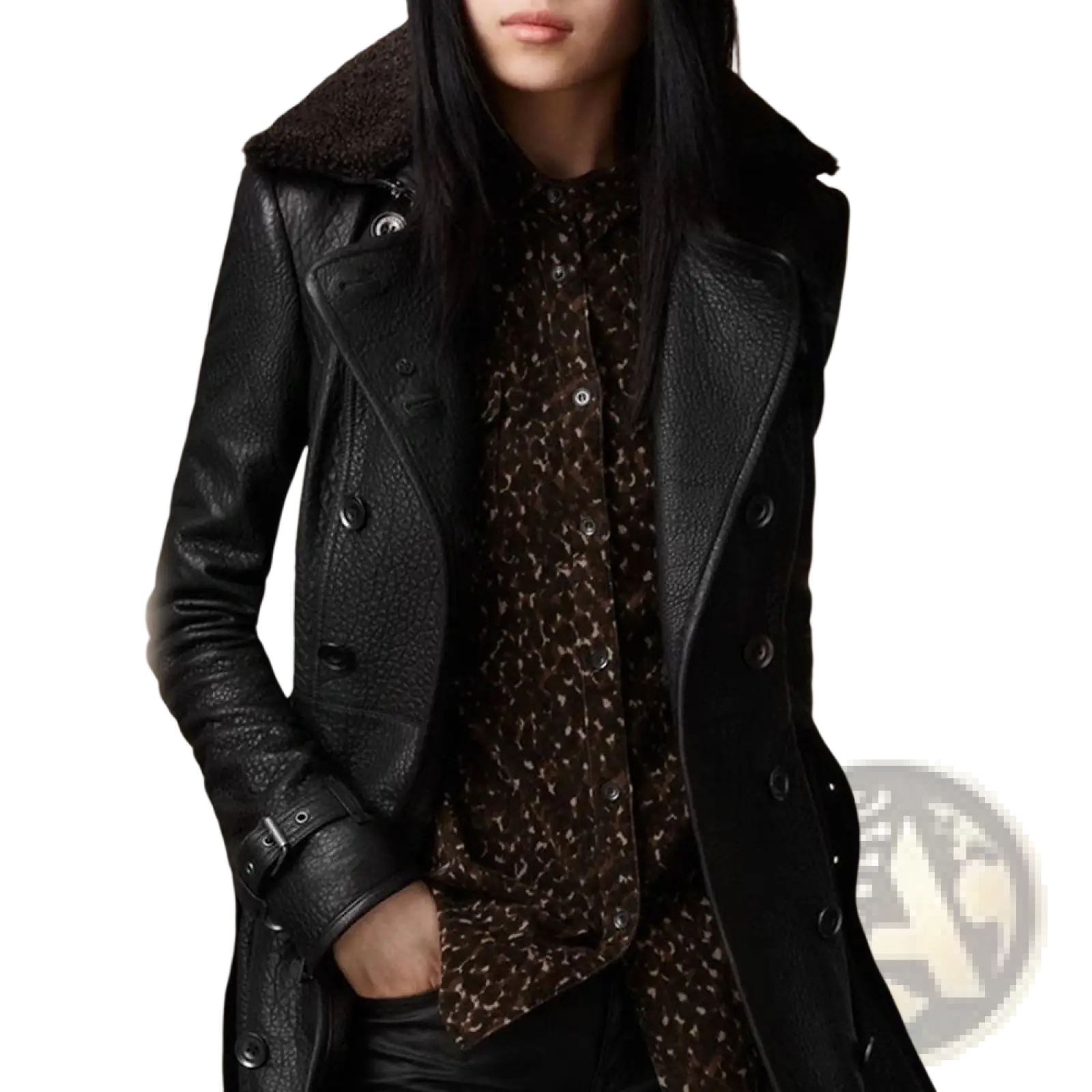 Black faux leather double breasted trench coat with belt featuring a plush brown shearling collar visible from the front