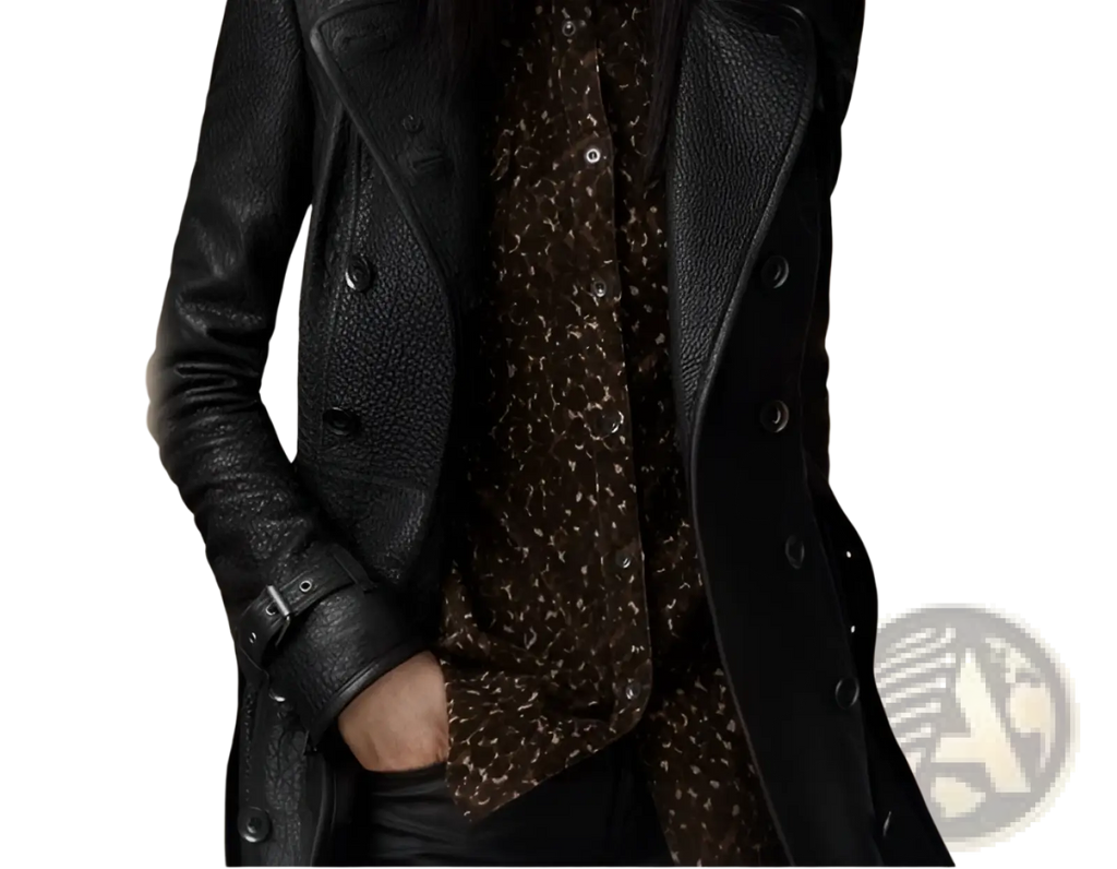 Black faux leather double breasted trench coat with textured finish and belted cuff displayed from the front