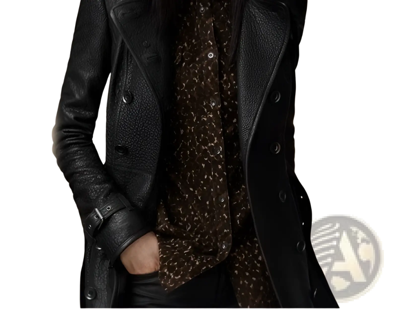 Black faux leather double breasted trench coat with textured finish and belted cuff displayed from the front