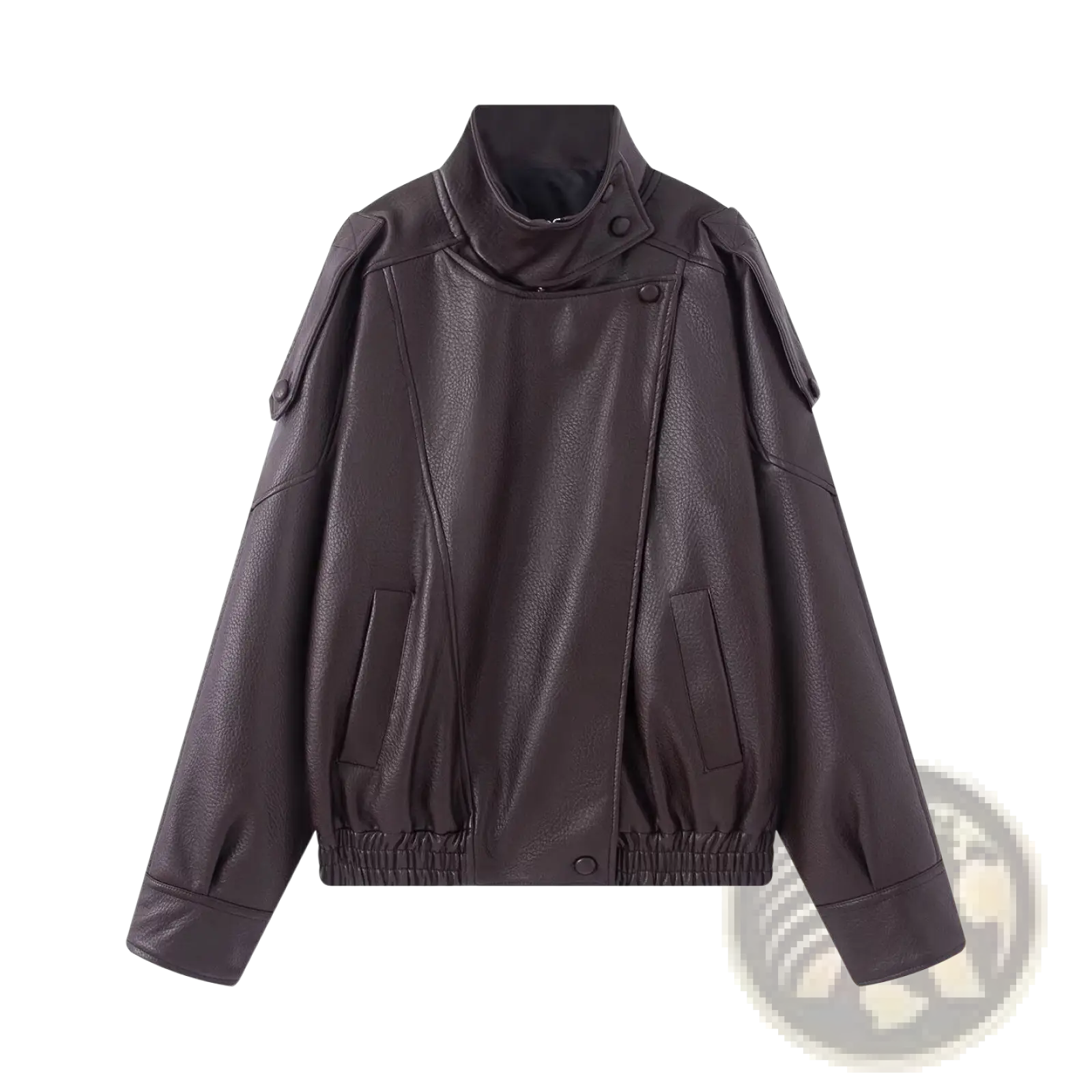 Dark brown faux leather moto jacket with high collar and buttoned shoulder straps for women