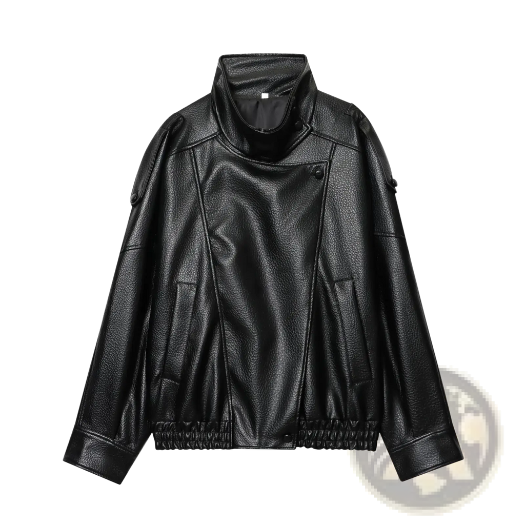 Black faux leather women’s moto jacket with high collar and elasticated cuffs shown from the back side