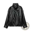 Black faux leather women’s moto jacket with high collar and elasticated cuffs shown from the back side
