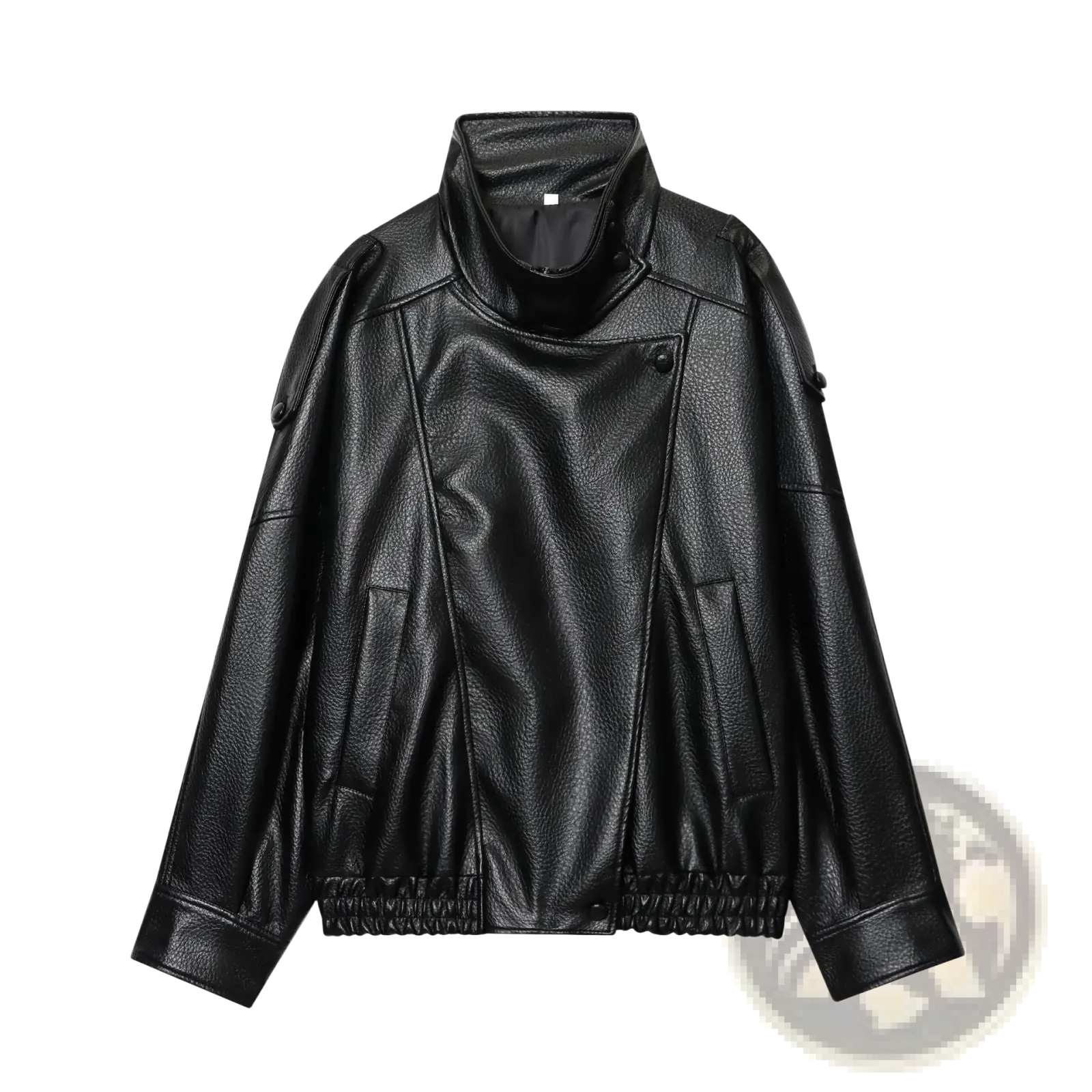 Black faux leather women’s moto jacket with high collar and elasticated cuffs shown from the back side