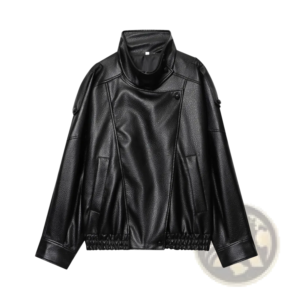 Black faux leather women’s moto jacket with high collar and elasticated cuffs shown from the back side