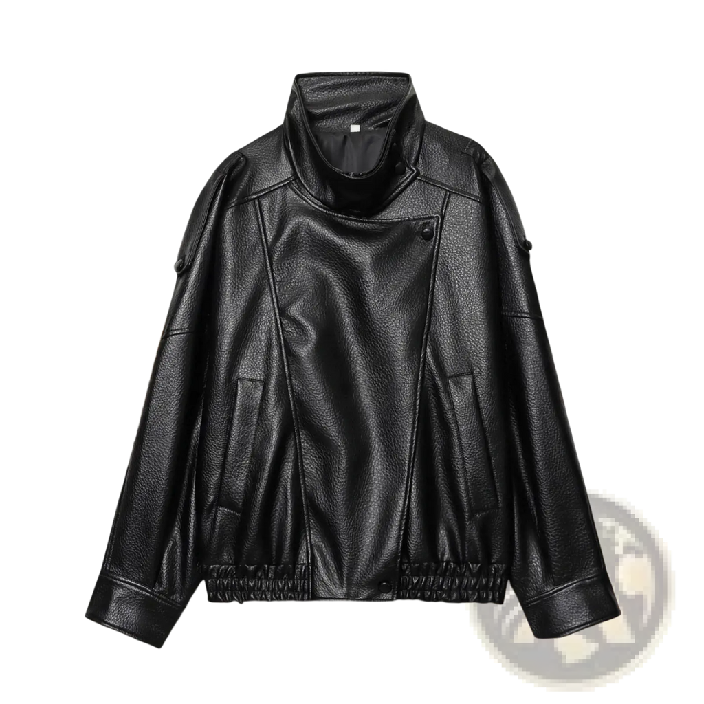 Black faux leather women’s moto jacket with high collar and elasticated cuffs shown from the front