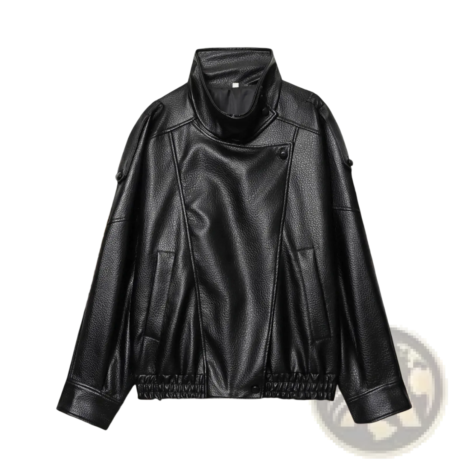 Black faux leather women’s moto jacket with high collar and elasticated cuffs shown from the front