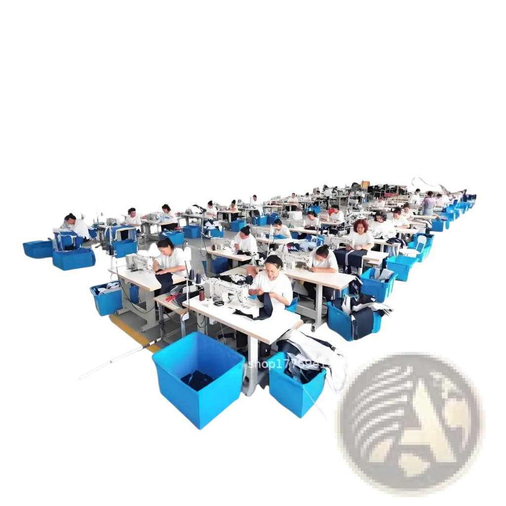 Rows of industrial sewing machines in a factory producing black faux leather high collar womens moto jackets