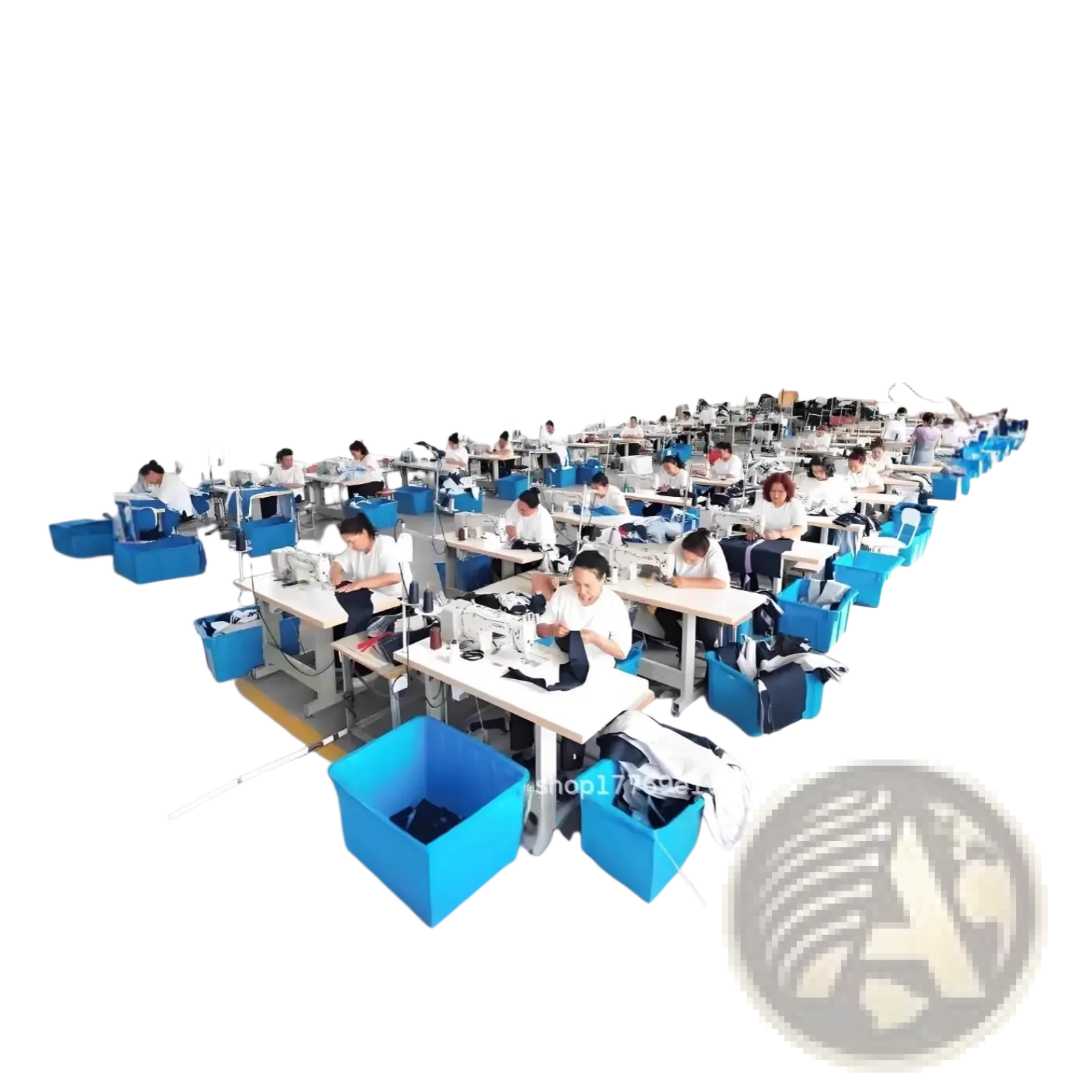 Rows of industrial sewing machines in a factory producing black faux leather high collar womens moto jackets