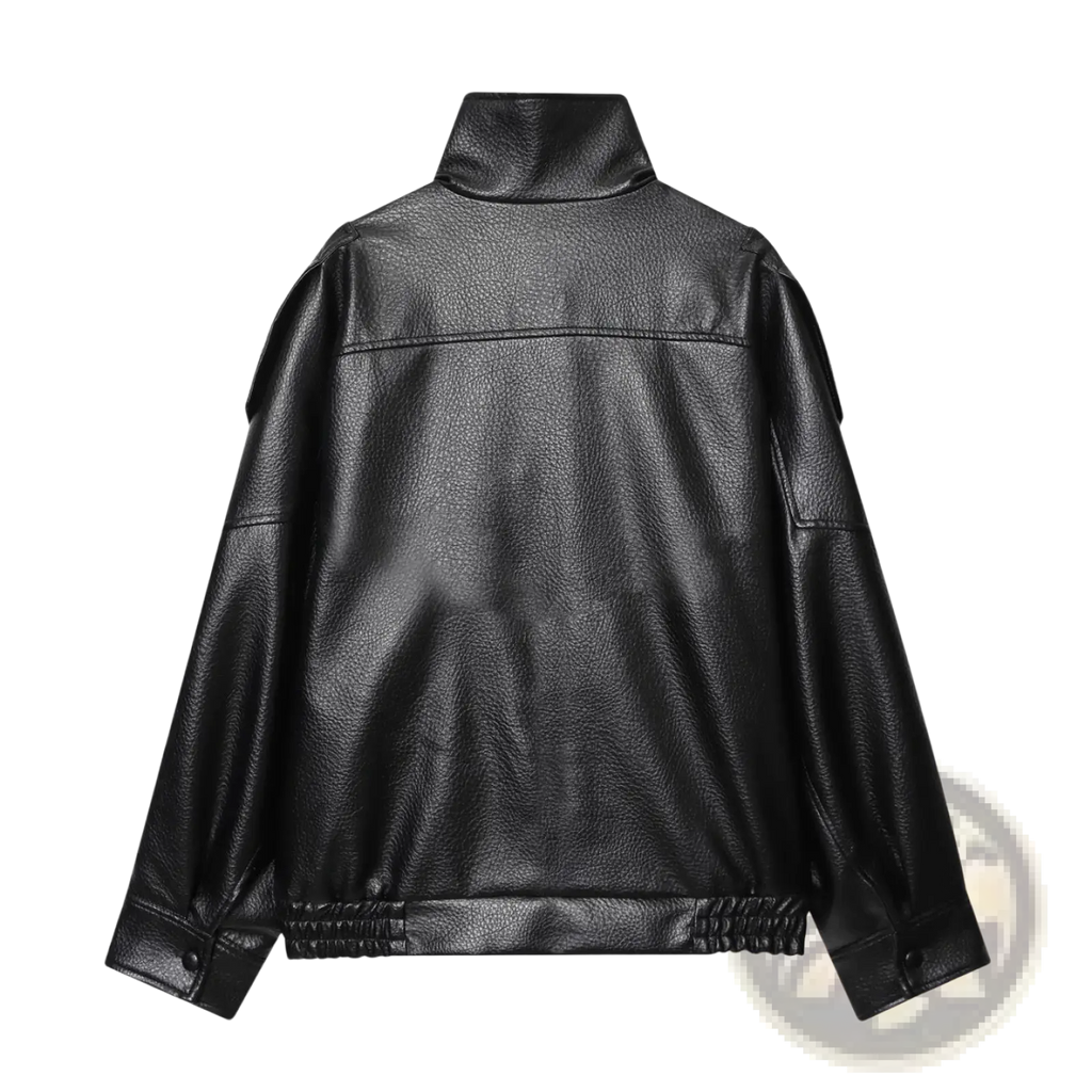 Black faux leather high collar women’s moto jacket with textured surface and sleek modern design