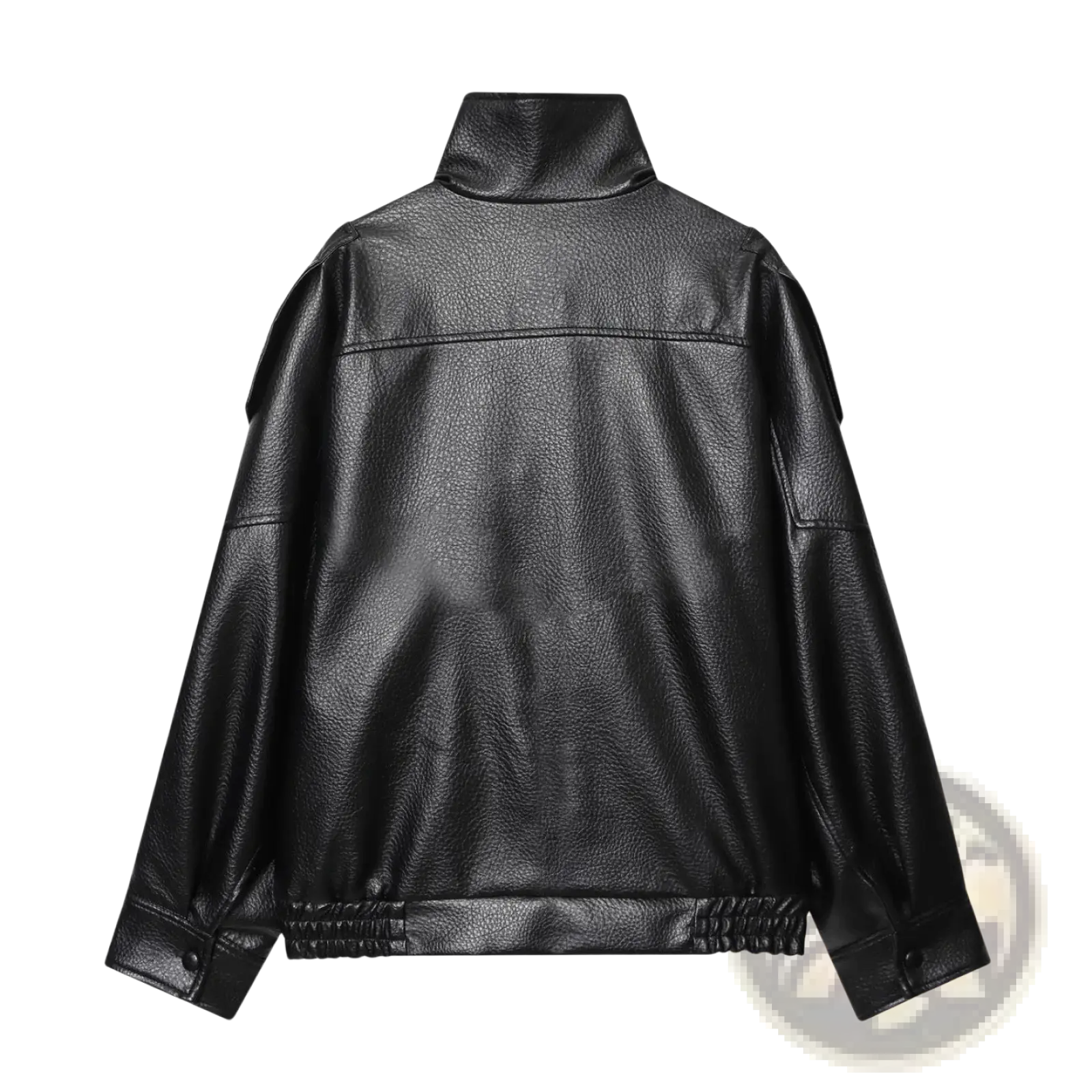 Black faux leather high collar women’s moto jacket with textured surface and sleek modern design