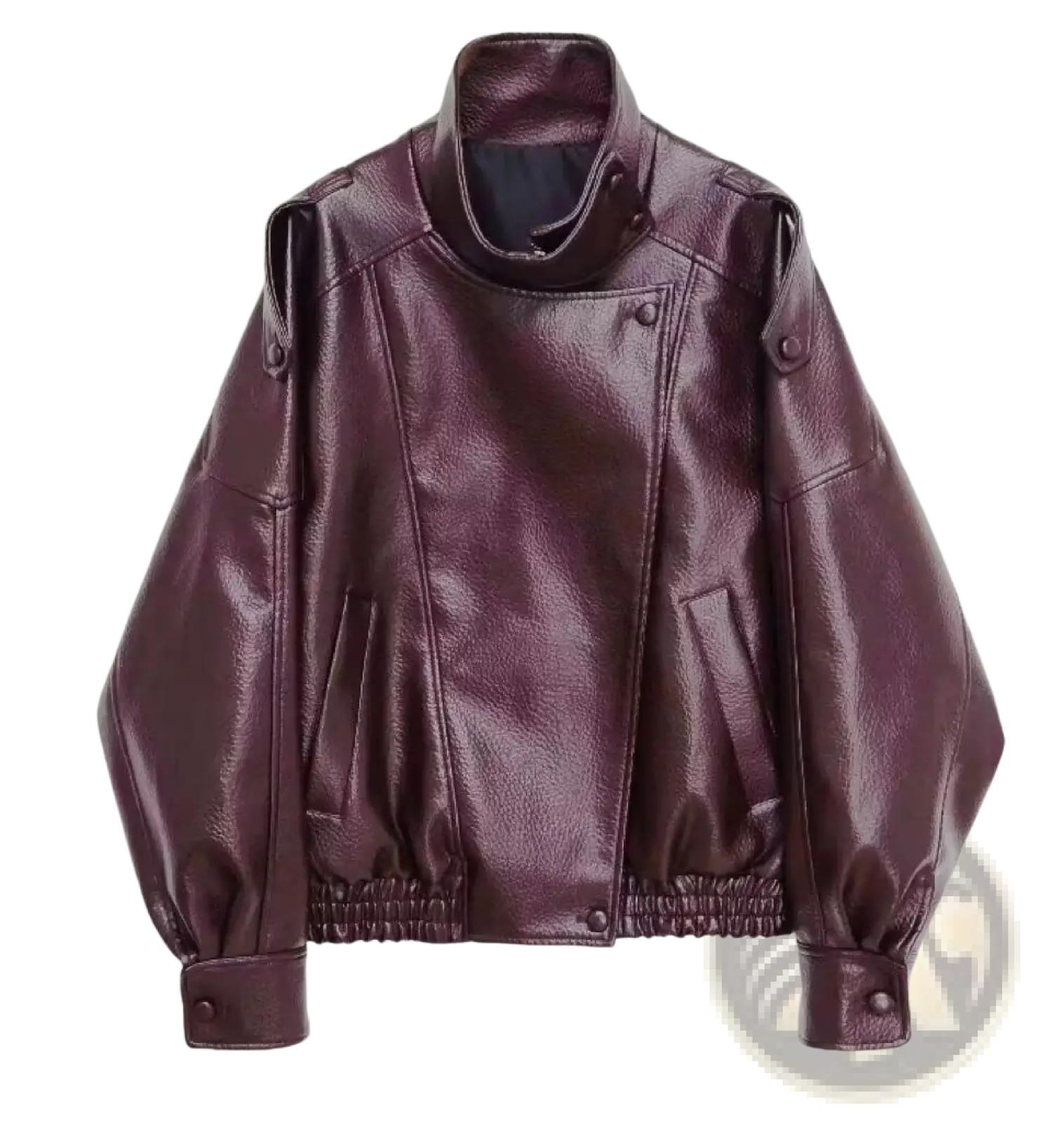 Black faux leather high collar women’s moto jacket in glossy burgundy with buttoned shoulders and elastic cuffs