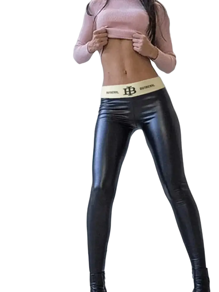 Black faux leather high waist yoga leggings with a cream waistband featuring the butterball logo and monogram