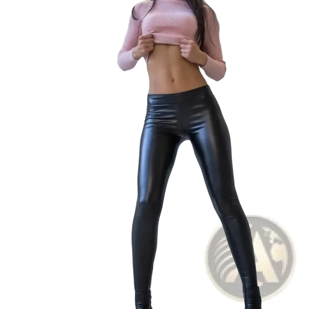 Black faux leather high waist yoga leggings with a shiny finish and high-waisted design