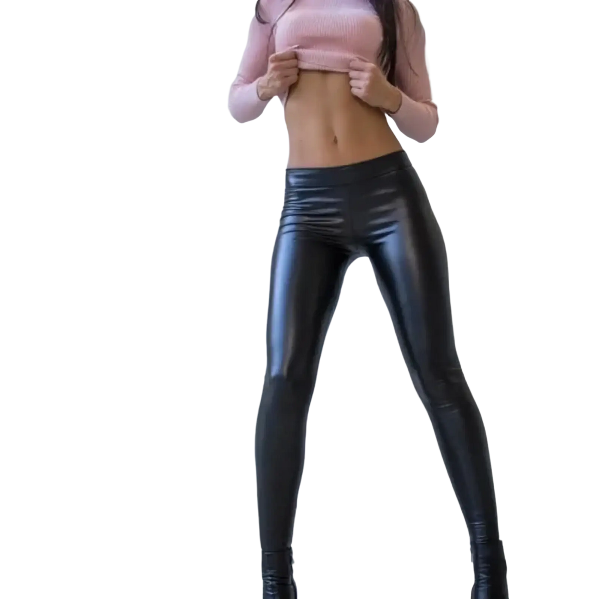 Black faux leather high waist yoga leggings with a sleek shiny finish and form-fitting design