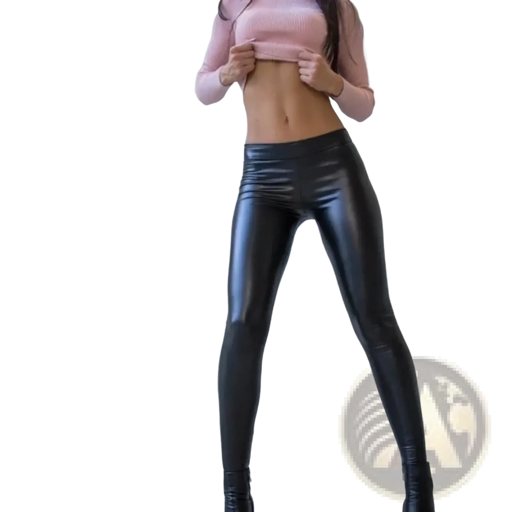 Black faux leather high waist yoga leggings with a sleek shiny finish and form-fitting design