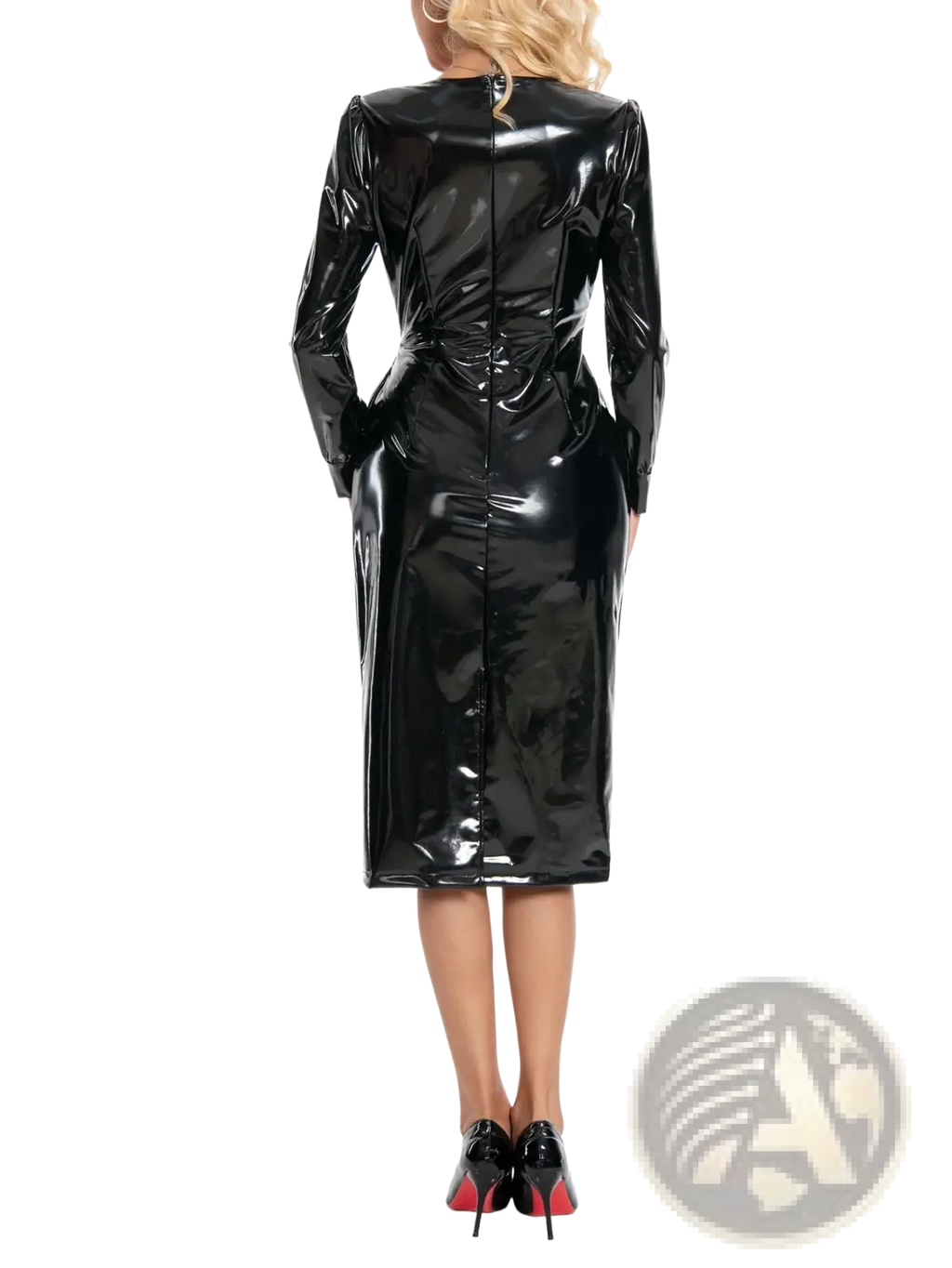Black faux leather midi dress with slim fit long sleeves and central back zipper shown from the back side