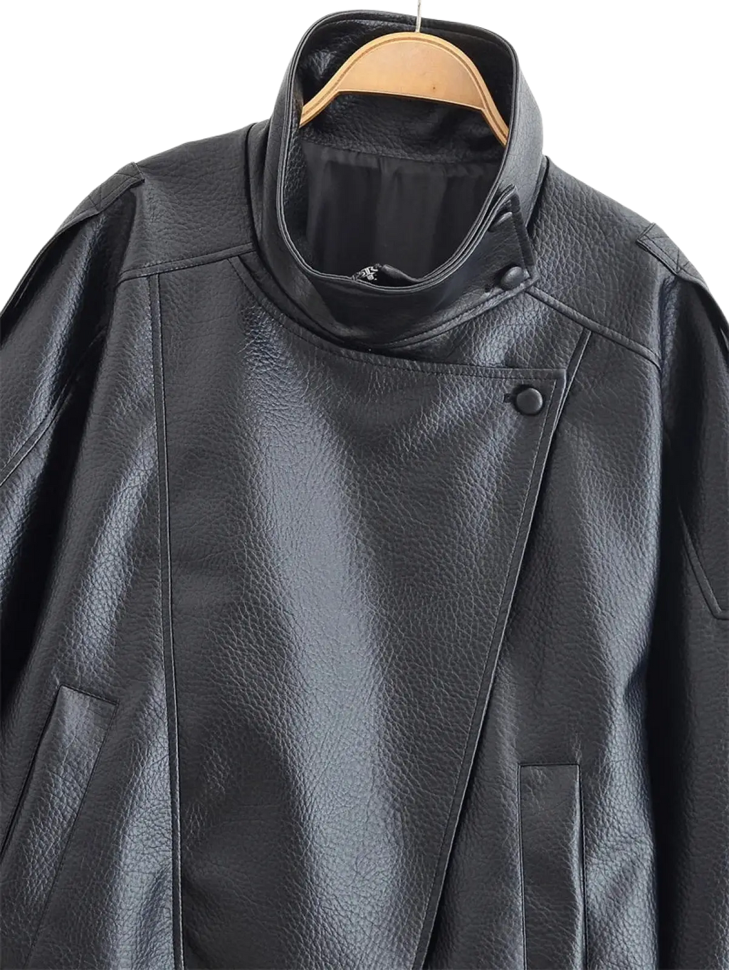 Black faux leather moto jacket for women with high collar and snap buttons in classic black color