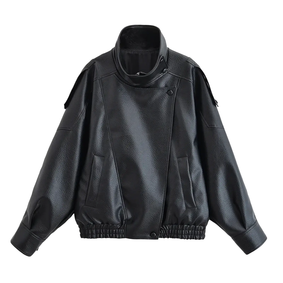Black faux leather moto jacket for women with high collar and elastic cuffs