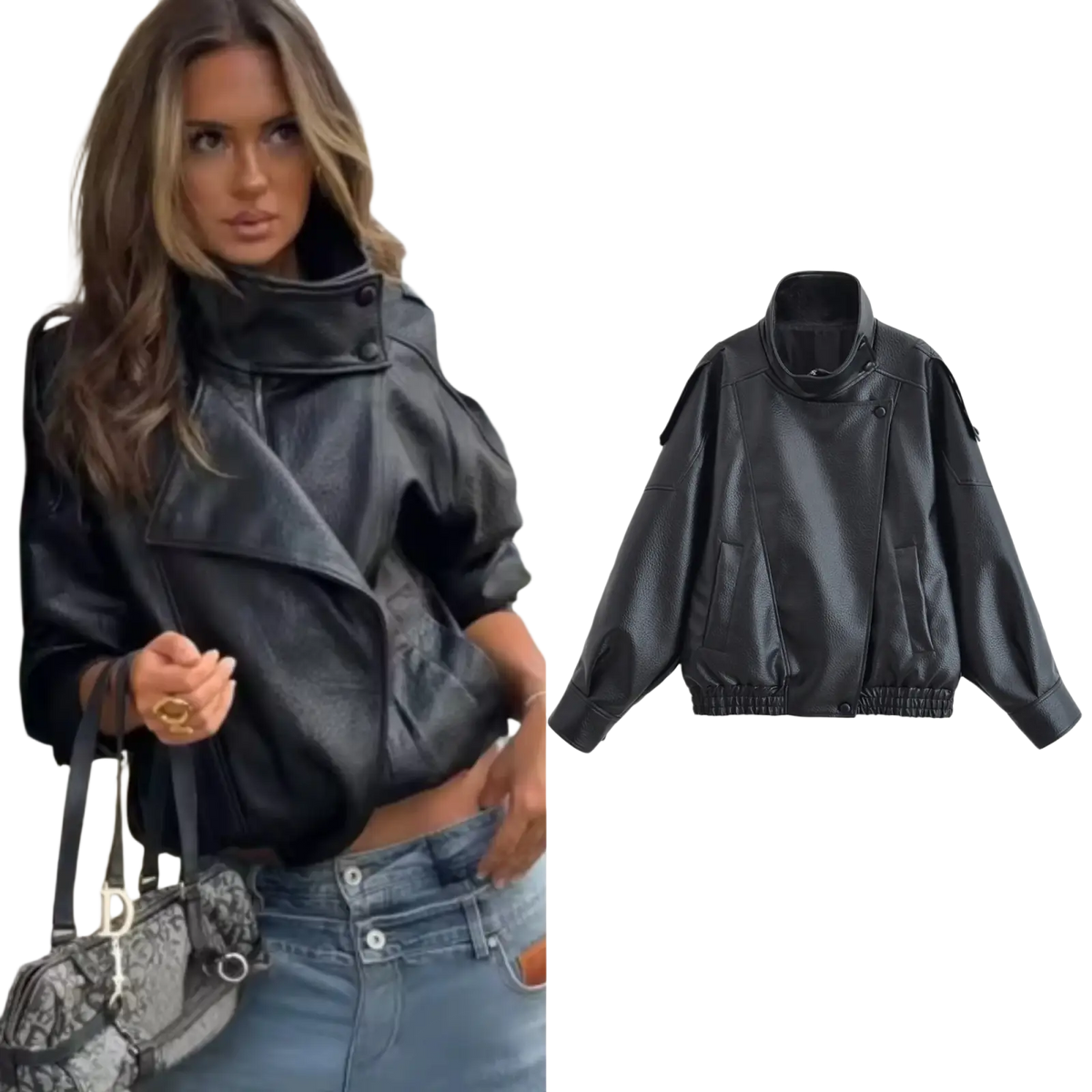 Black faux leather moto jacket for women with high collar and elastic cuffs shown from the front