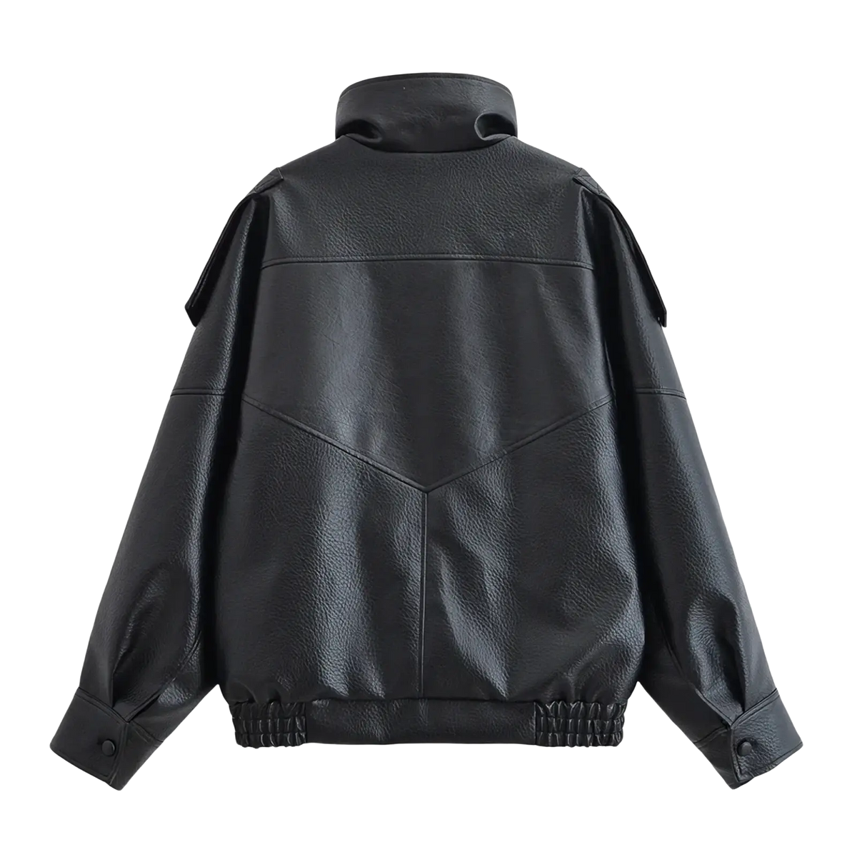 Black faux leather moto jacket for women featuring a high collar and elastic cuffs in a bomber style