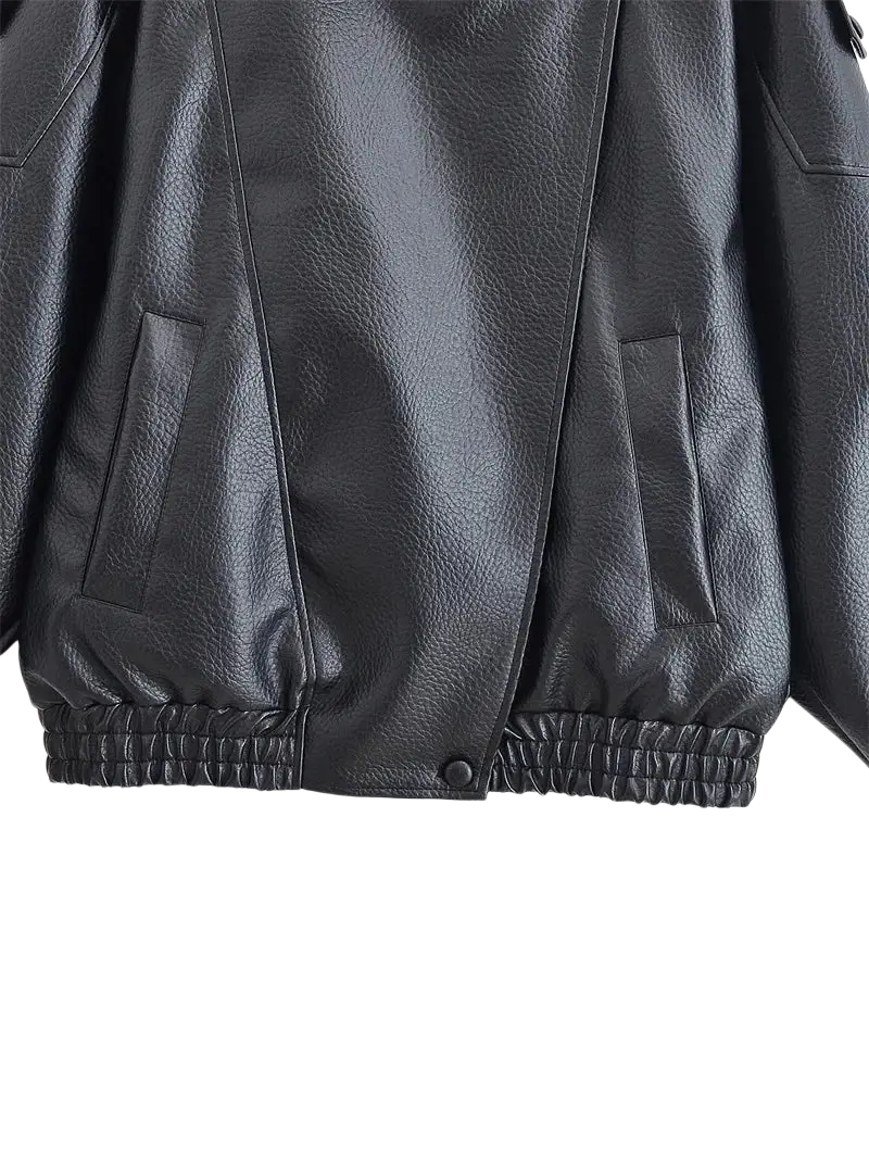 Black faux leather moto jacket for women with elastic cuffs and front pockets for a stylish look