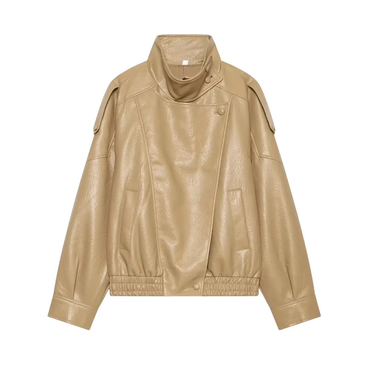 Beige faux leather moto jacket with high collar and elasticated cuffs featured in black faux leather jacket for women