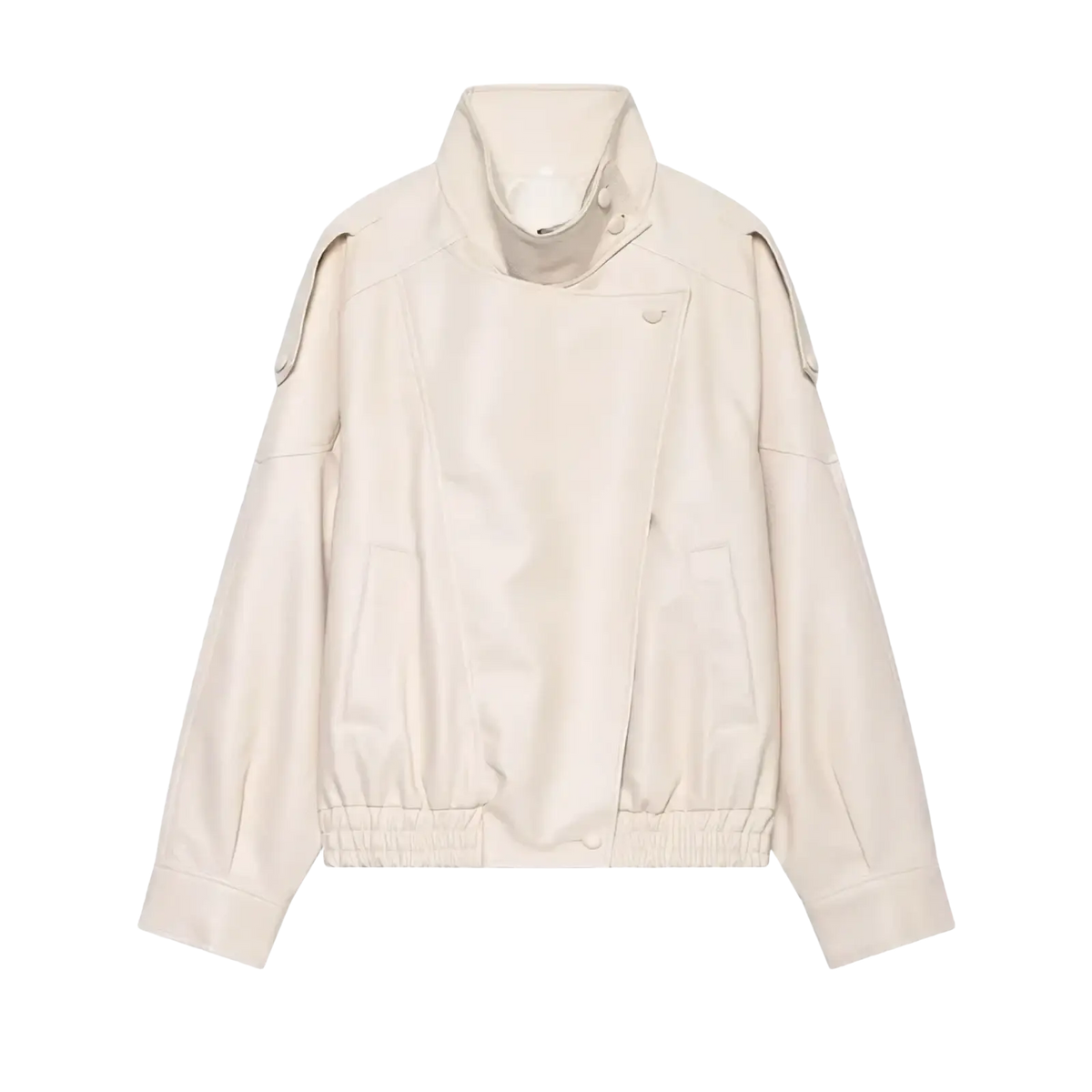 Beige faux leather bomber jacket with shoulder patches and elastic cuffs for women in a black faux leather moto jacket collection