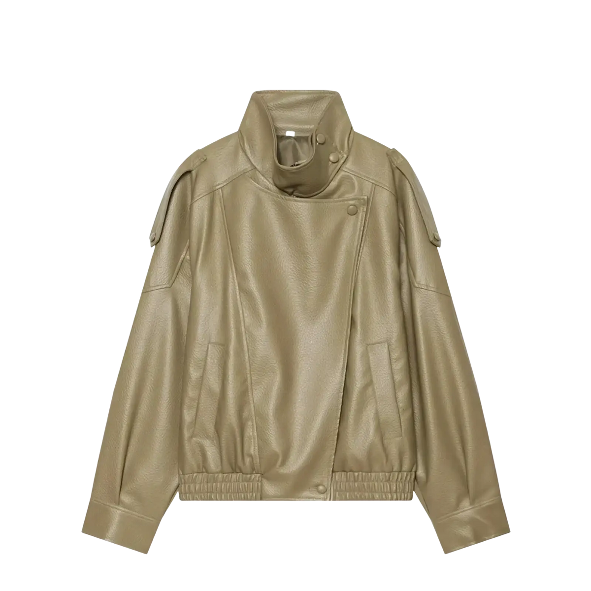 Beige faux leather moto jacket for women with high collar shoulder epaulets and elastic cuffs