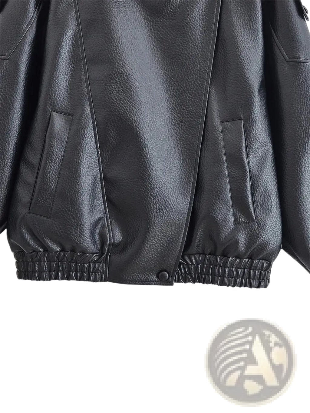 Black faux leather moto jacket for women with elastic cuffs and front pockets for a stylish look