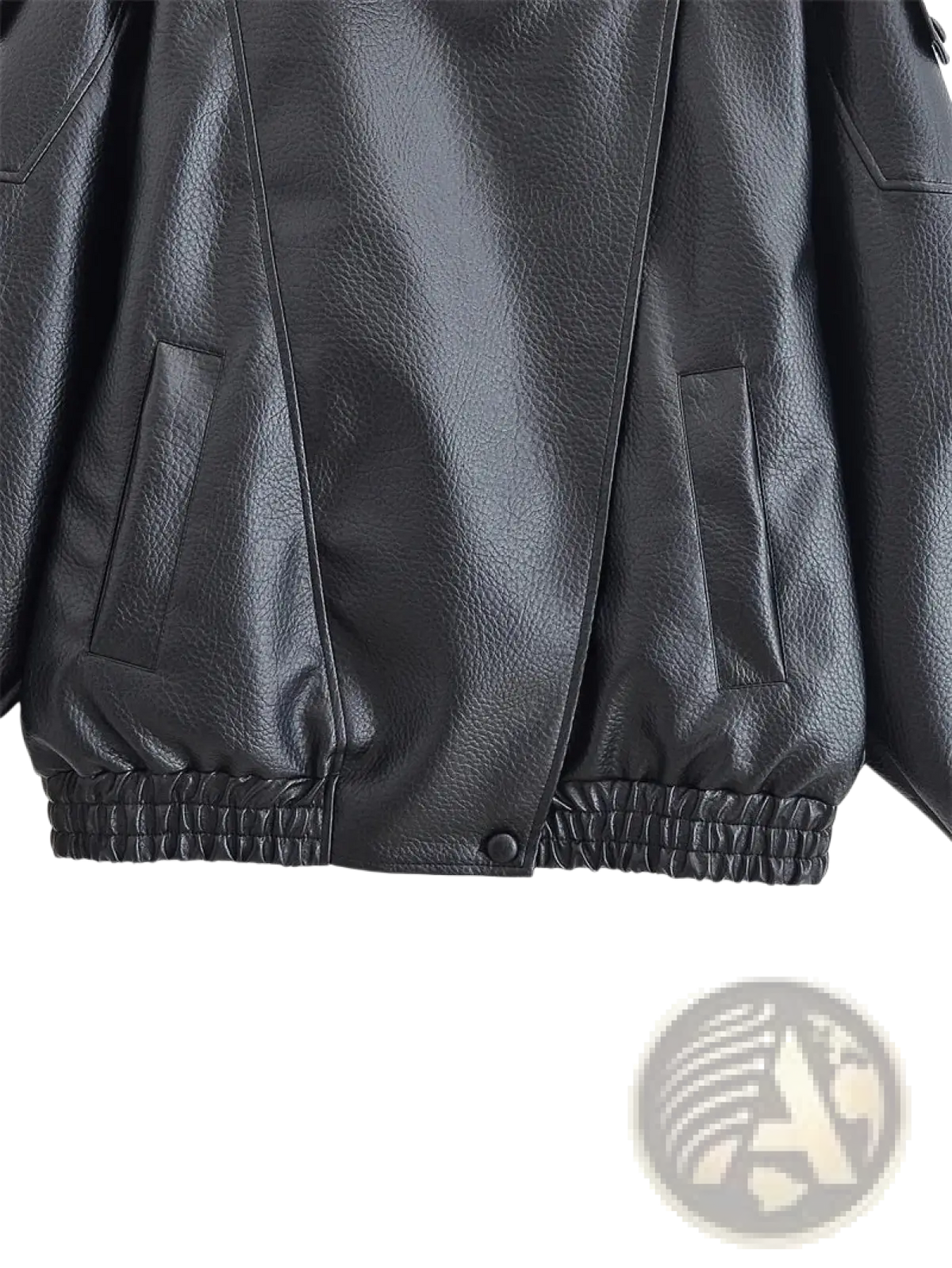 Black faux leather moto jacket for women with elastic cuffs and front pockets for a stylish look