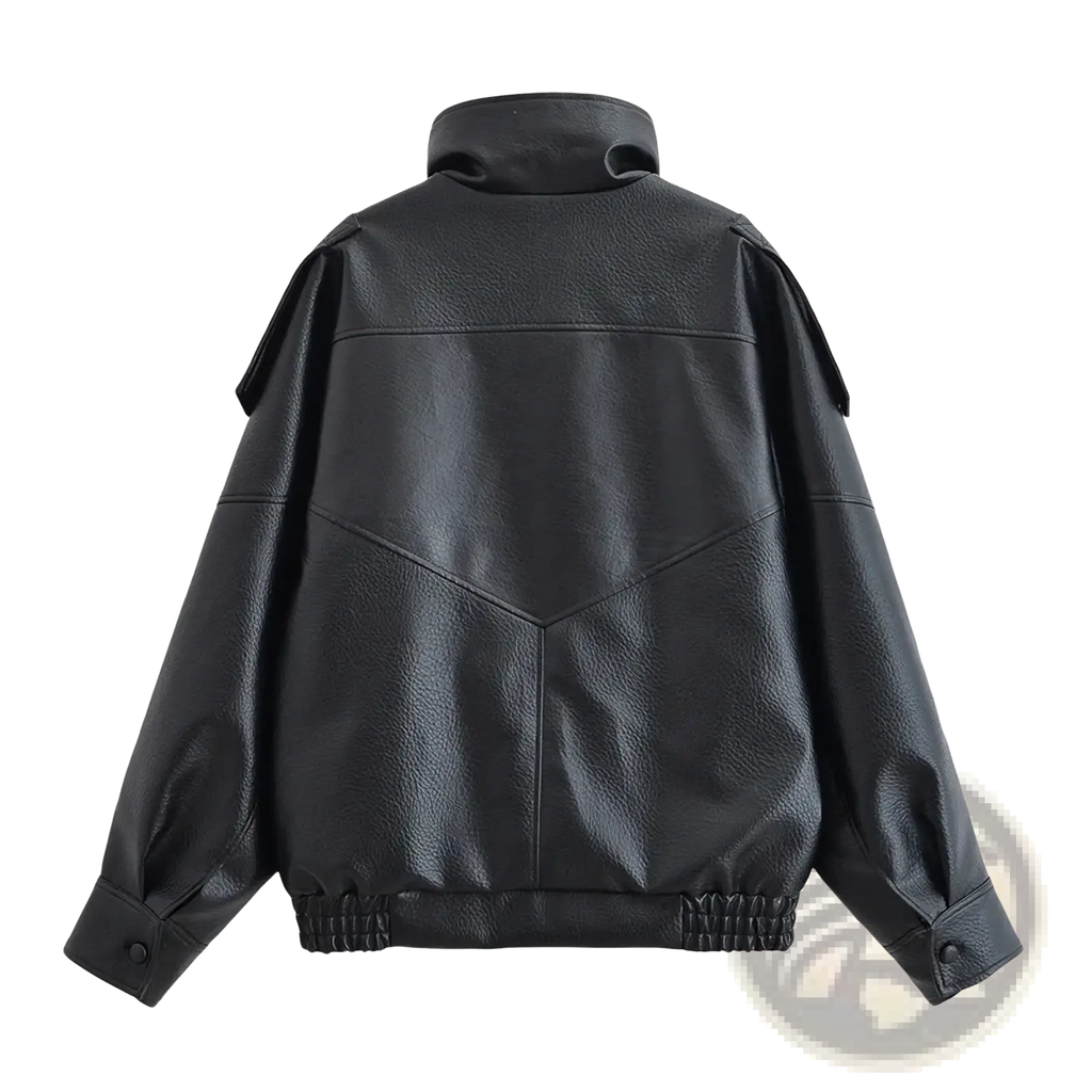 Black faux leather moto jacket for women featuring a high collar and elastic cuffs in a bomber style
