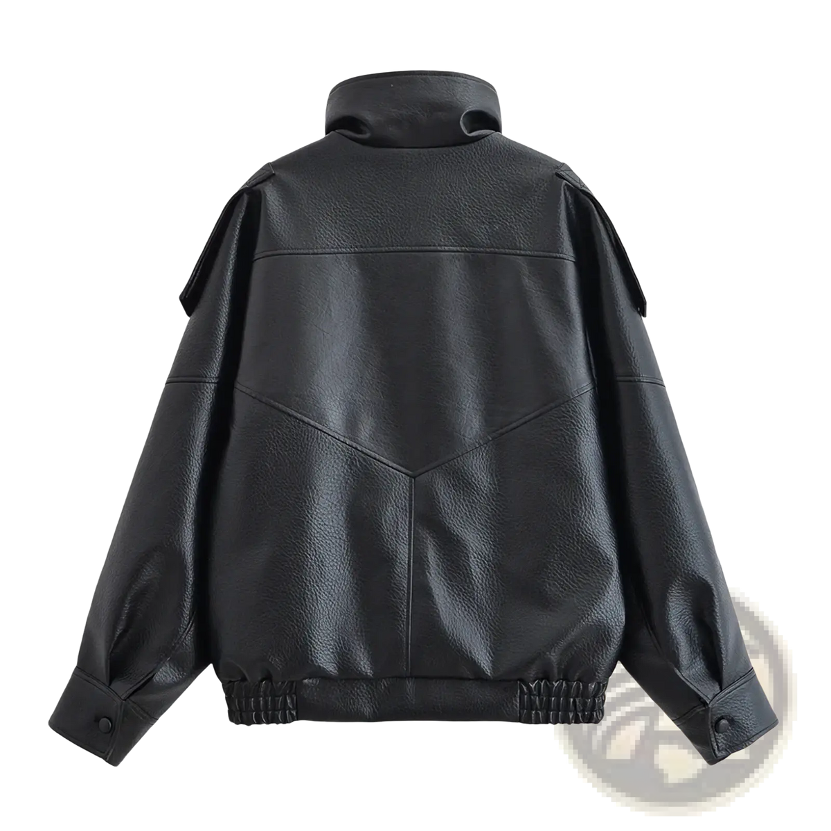 Black faux leather moto jacket for women featuring a high collar and elastic cuffs in a bomber style