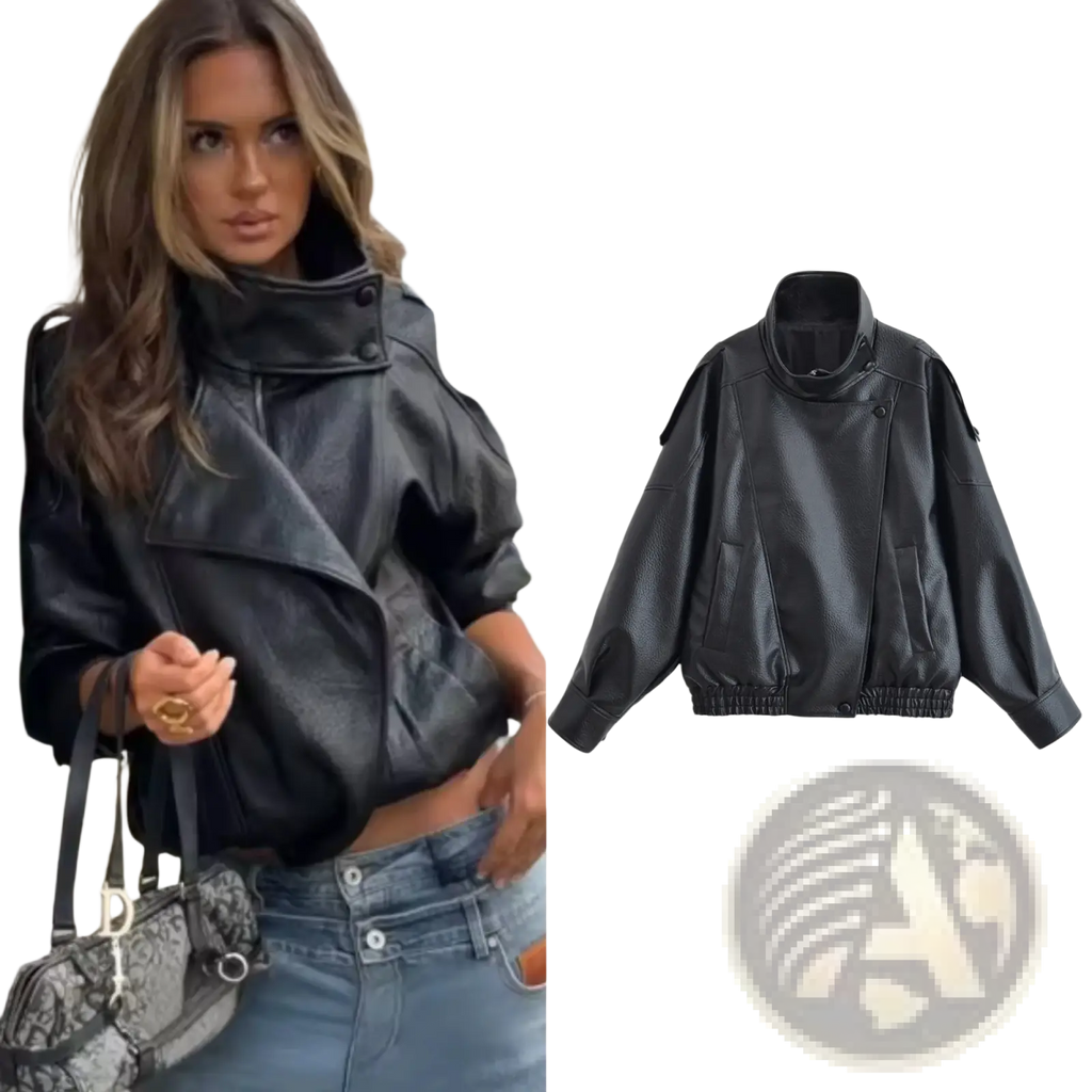 Black faux leather moto jacket for women with high collar and elastic cuffs shown from the front