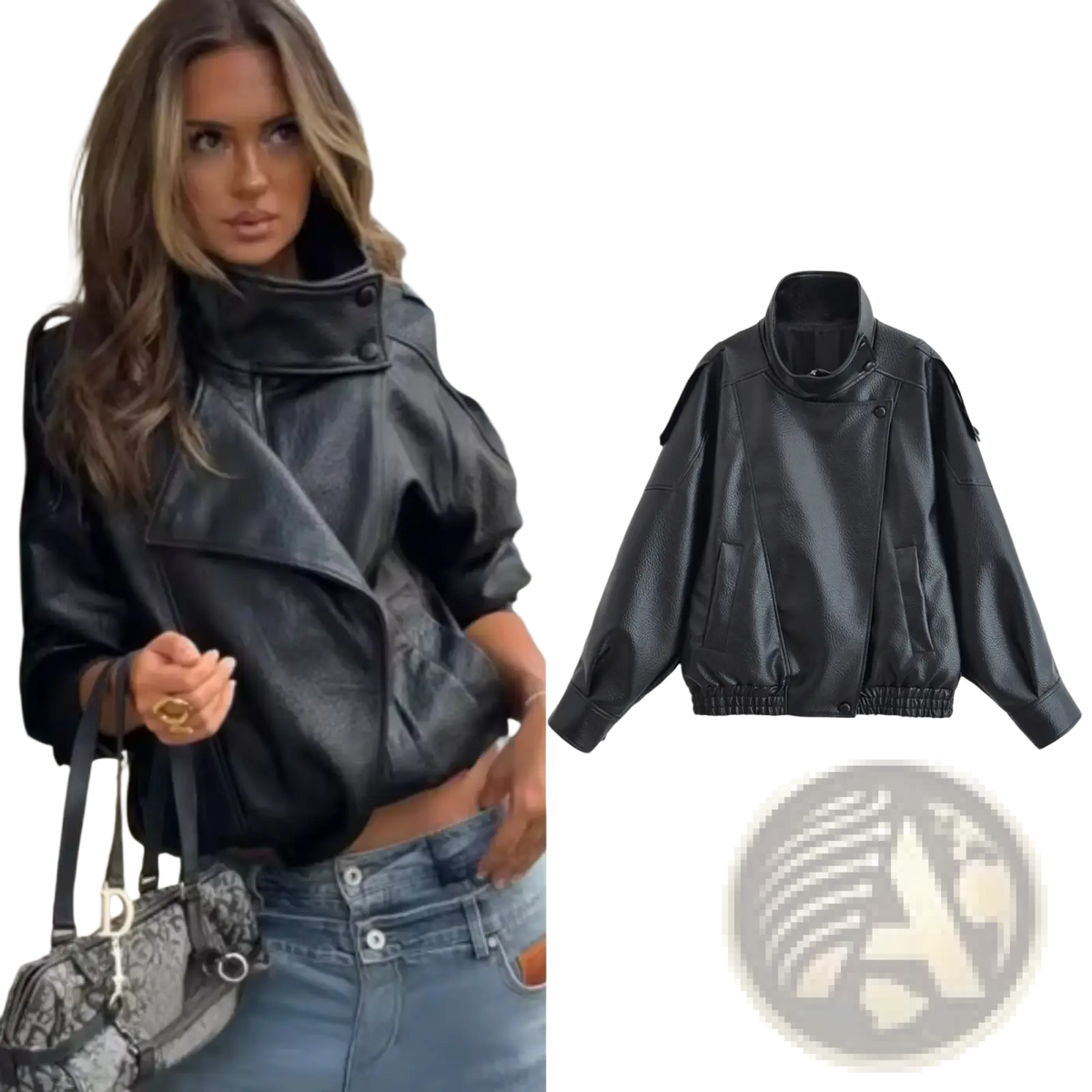 Black faux leather moto jacket for women with high collar and elastic cuffs shown from the front