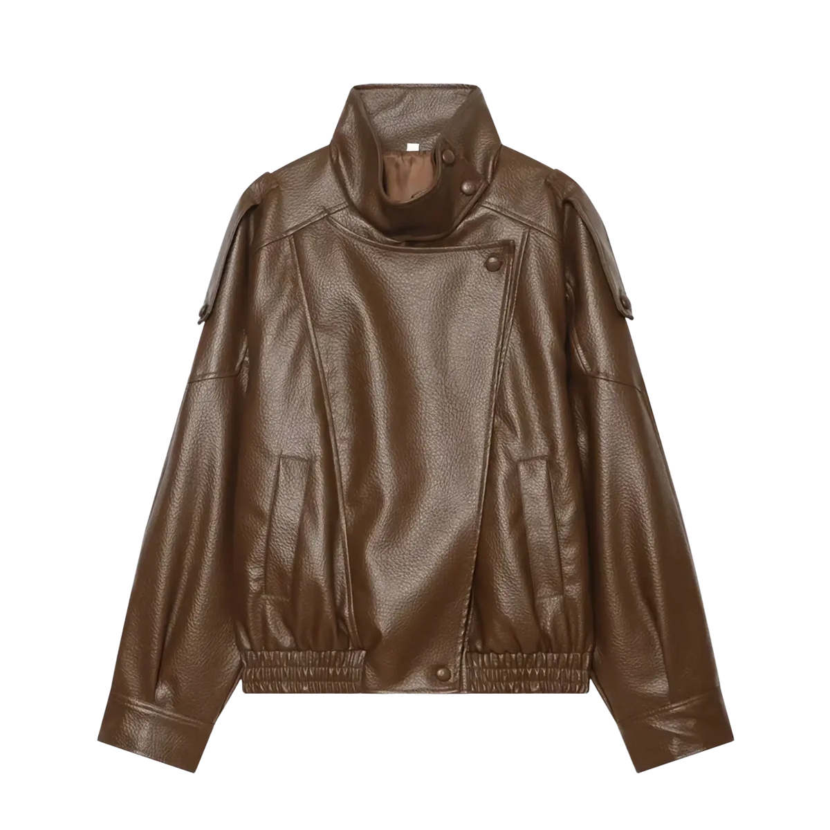 Brown faux leather moto jacket for women with high collar snap buttons and elasticated cuffs
