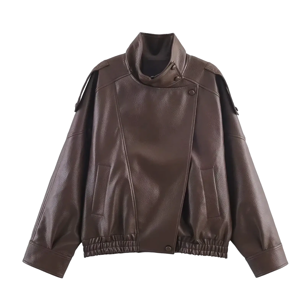 Black faux leather moto jacket for women featuring a brown high collar and elastic cuffs in a stylish design