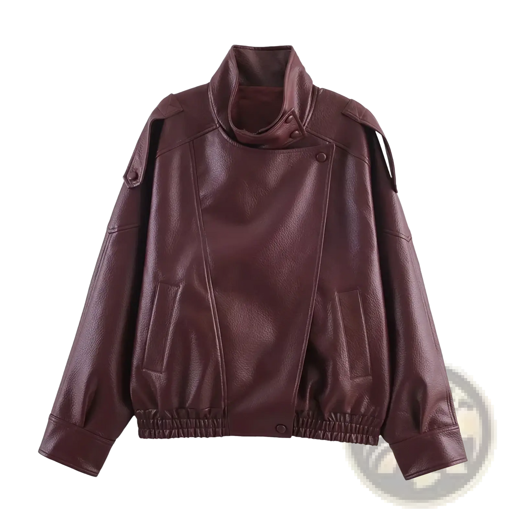 Black faux leather moto jacket for women in rich burgundy with high collar shoulder patches and elastic cuffs