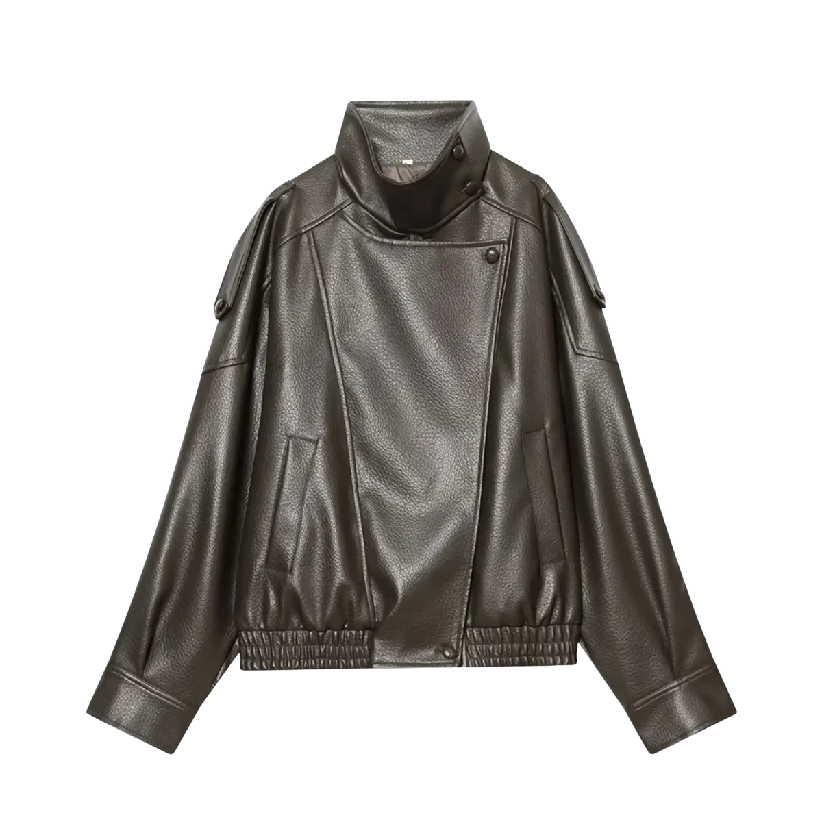 Dark olive green faux leather moto jacket for women with high collar and elastic cuffs in black faux leather style