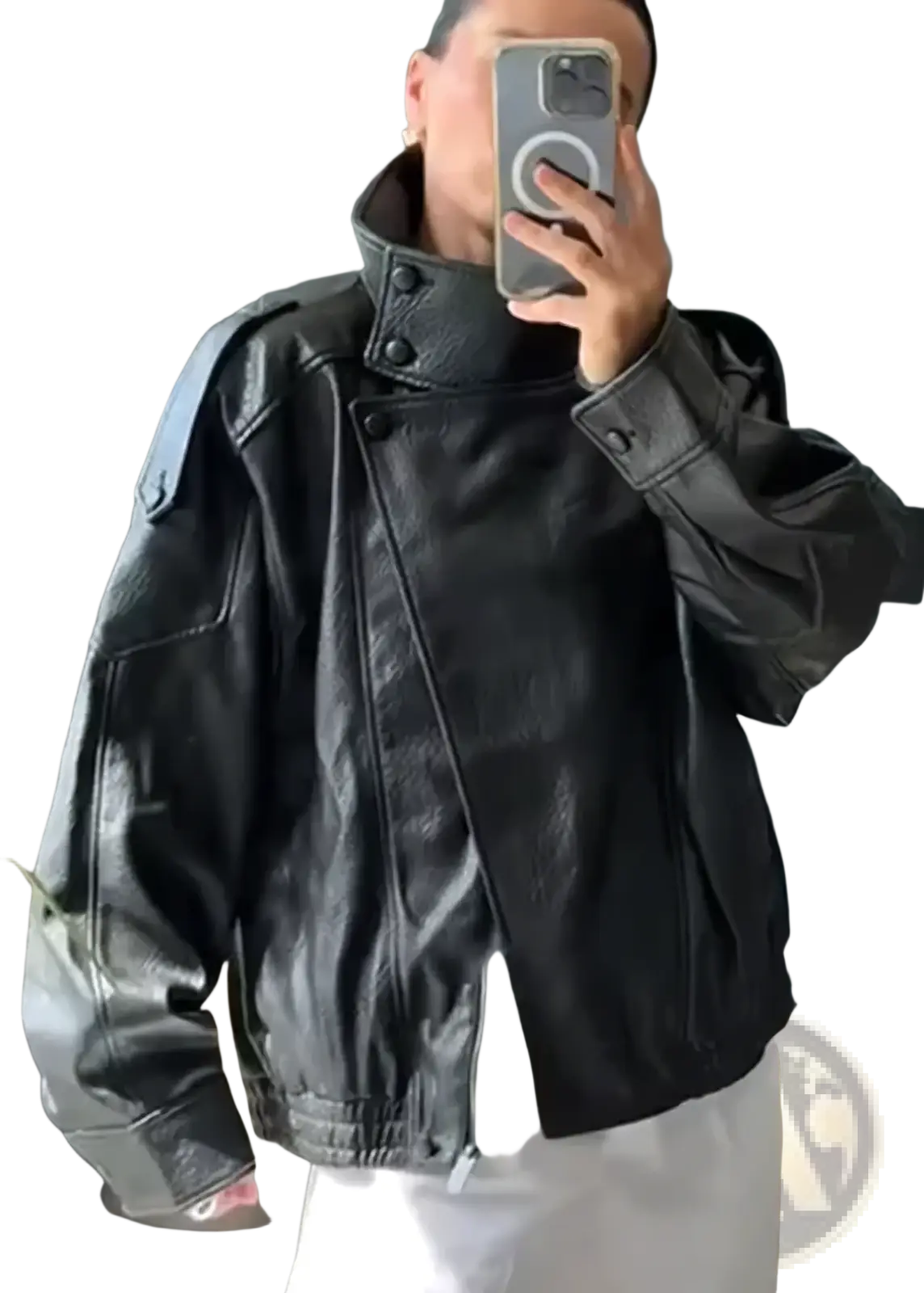 Black faux leather moto jacket for women with high collar and snap buttons in black leather material