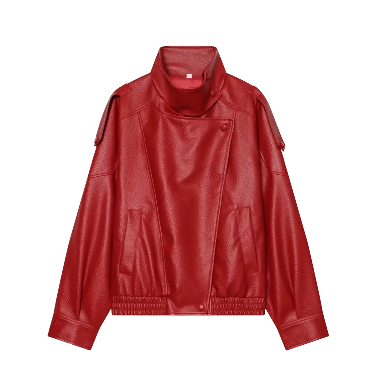 Red faux leather moto jacket with high collar and shoulder patches shown with black faux leather moto jacket title