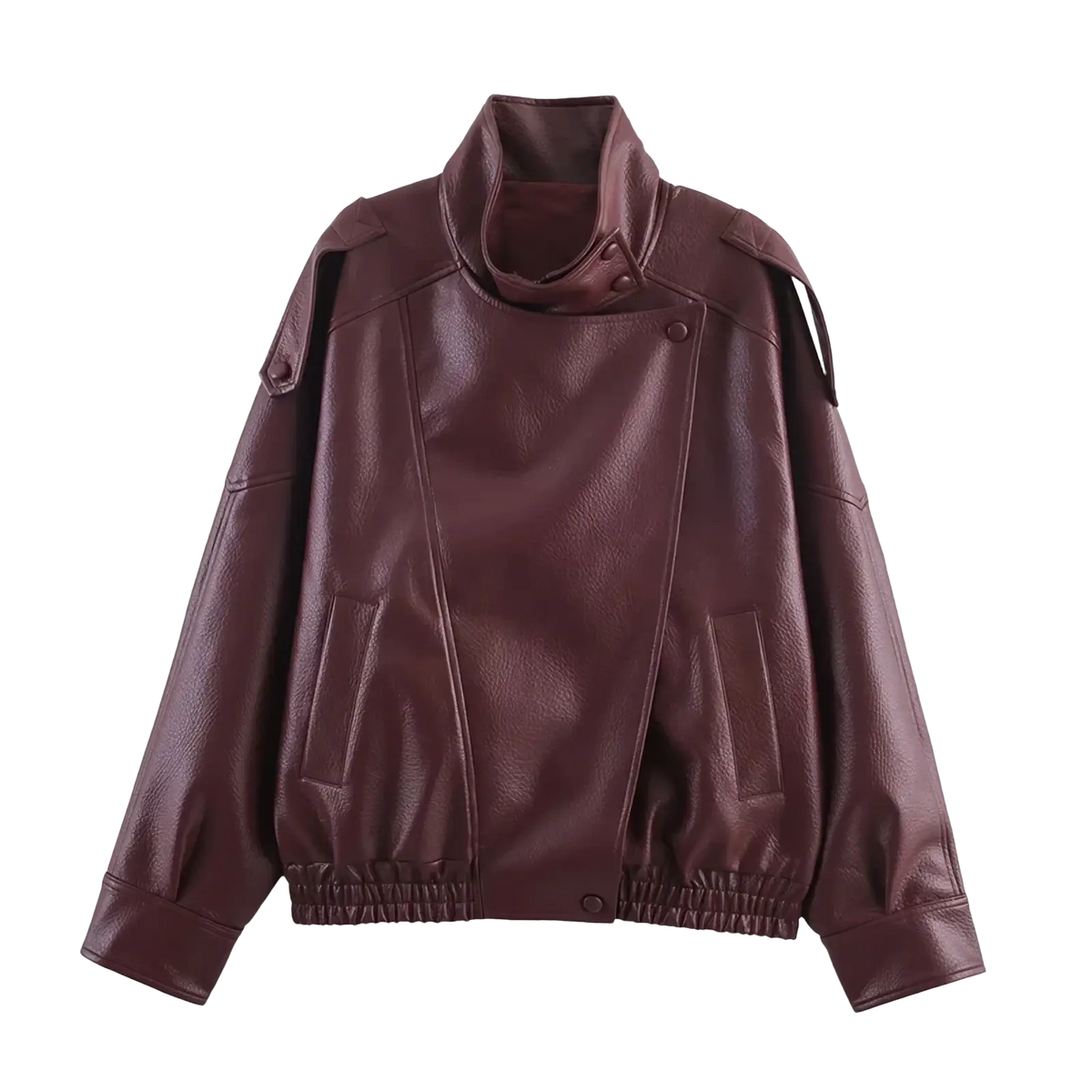 Black faux leather moto jacket for women in rich burgundy with high collar shoulder patches and elastic cuffs