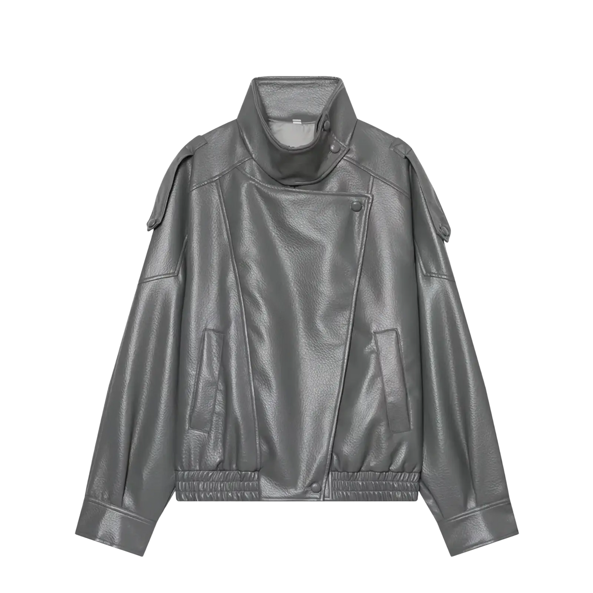 Silver faux leather moto jacket for women featuring a high collar and shoulder epaulets in a black faux leather style