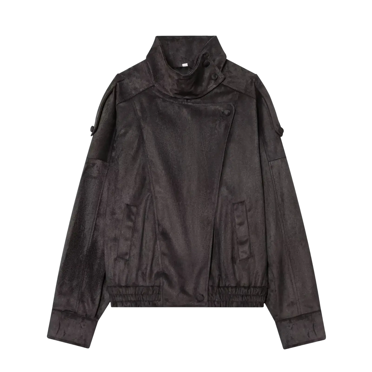 Black faux leather moto jacket for women featuring black suede bomber style with high collar and patch pockets