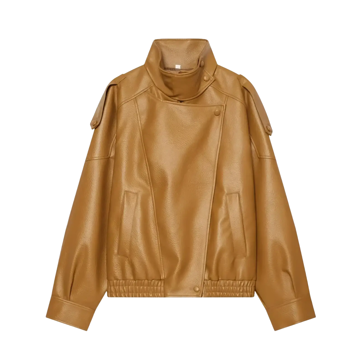 Tan faux leather moto jacket with high collar and shoulder epaulets in a black faux leather moto jacket for women set