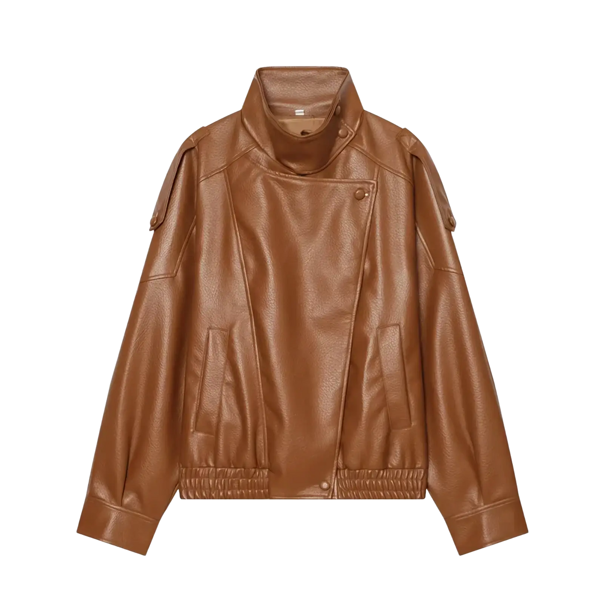 Tan faux leather moto jacket with high collar and shoulder epaulets shown in a black faux leather moto jacket for women product