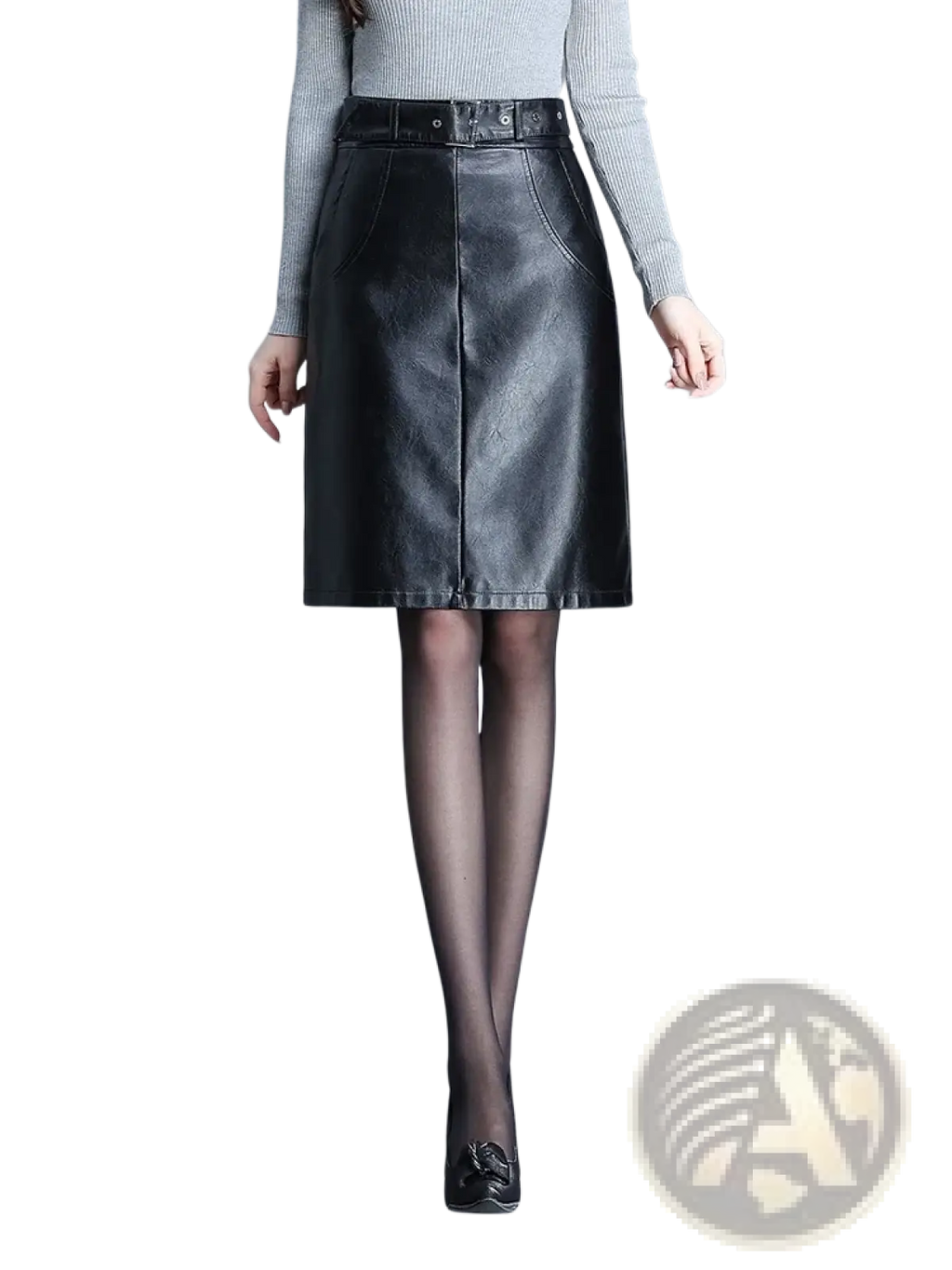 Black faux leather pencil skirt with fitted waistband and front seam detail for a sleek formal look