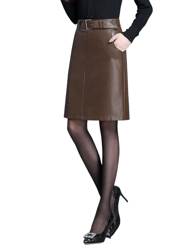 Brown leather skirt with matching belt and front pocket displayed as an alternative to black faux leather pencil skirt